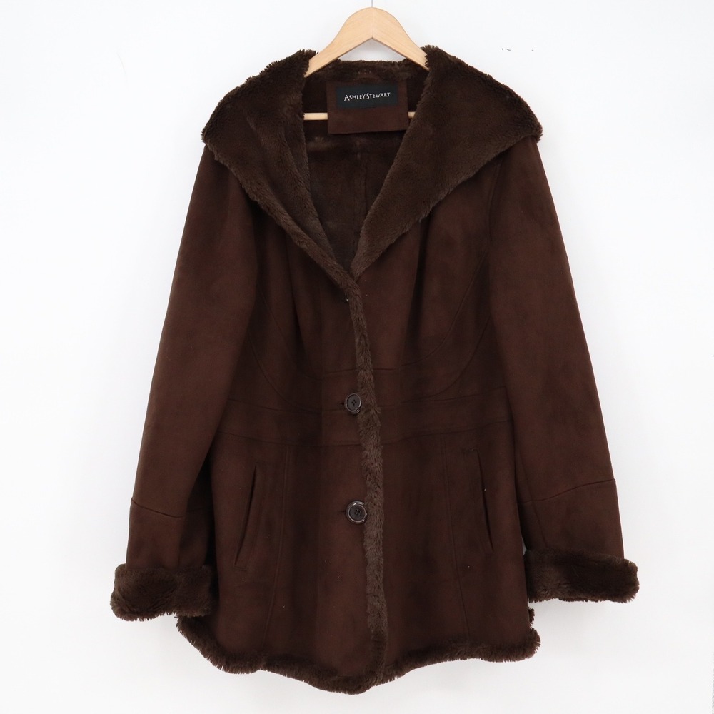 Ashley Stewart Jacket Womens Brown Faux Suede Fur Lined Hooded Coat Excellent